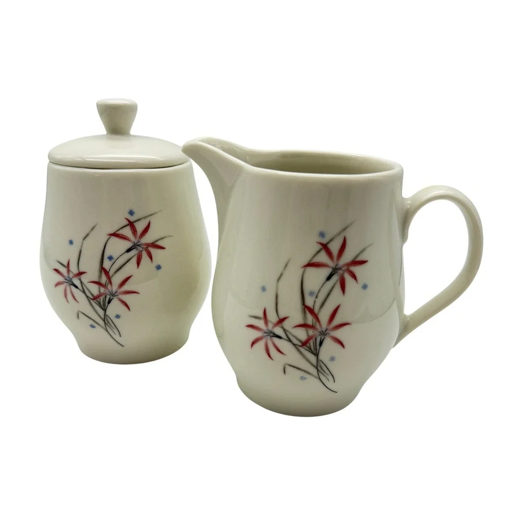 Syracuse China Flame Lily Creamer and Sugar Bowl Set Vintage MCM USA cafefree